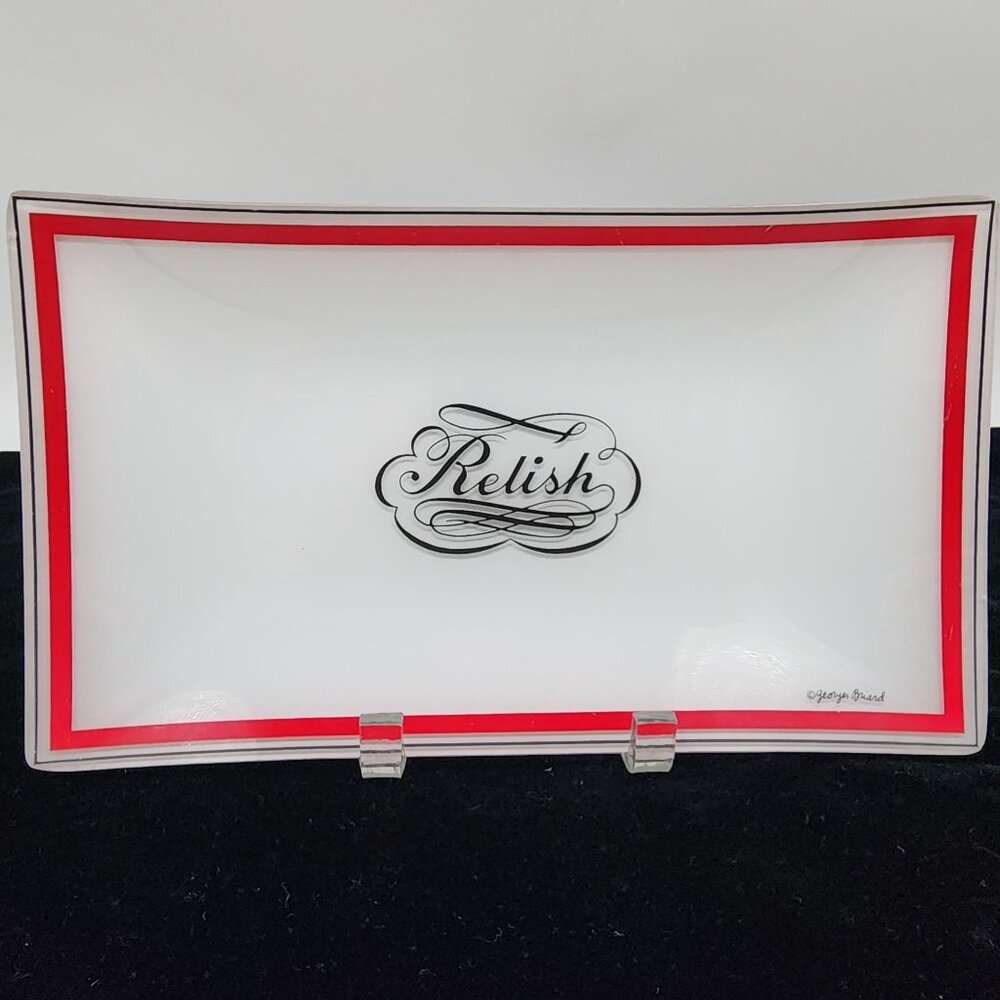 MCM Georges Briard Relish Tray Rectangular Glass With Red & Black Trim